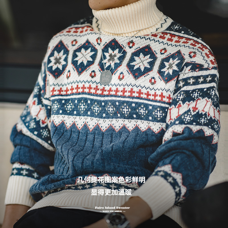 Maden Vintage Fair Isle sweter z dzianiny świąteczny ciepły sweter z golfem sweter z dzianiny w stylu stodoły ciepła dzianina na męską zimę
