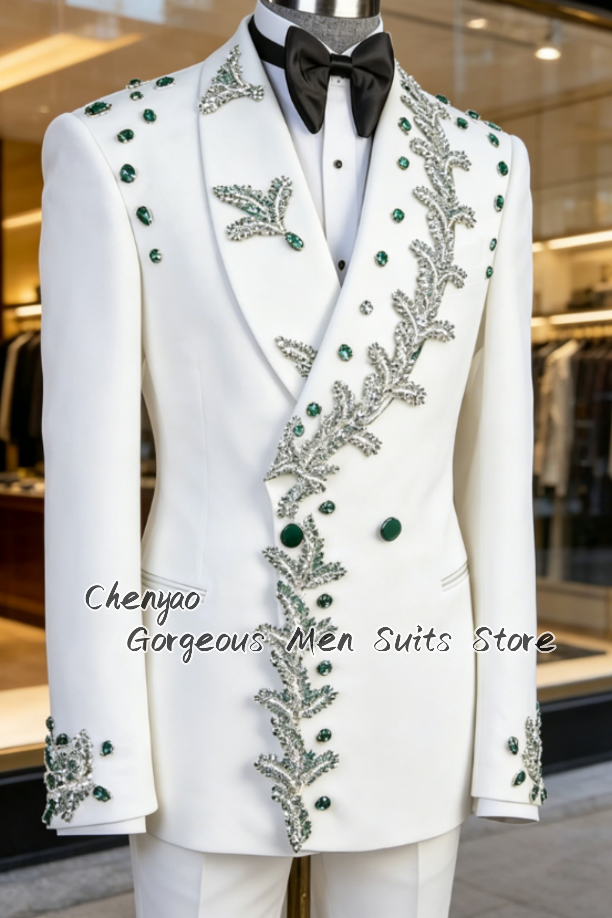 Hochwertige Herrenanzüge, grün, mit Strass, silberner Kristallstickerei, maßgeschneiderte Bräutigam-Smokings, elegante Herrenblazer, formelle 2-teilige Anzüge, Herrenbekleidung