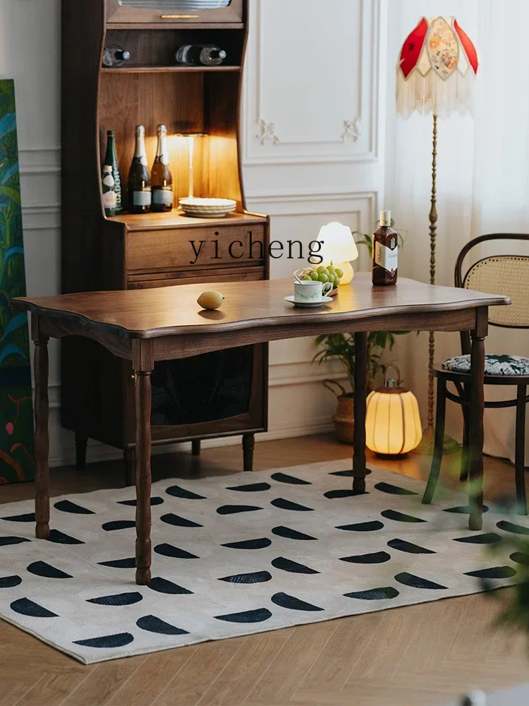 r5.13 Mesa de comedor larga, sencilla, moderna y retro, de madera maciza de nogal negro, para sala de estar de apartamento pequeño.