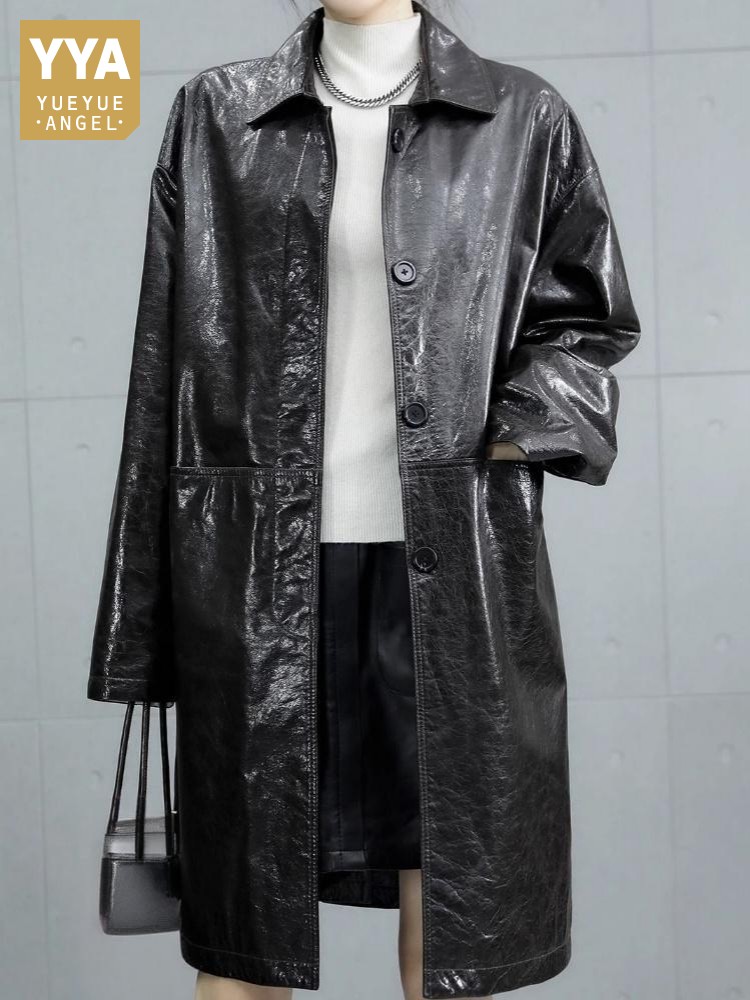 Streetwear único breasted bolso cor sólida couro genuíno trench jaqueta lapela mangas compridas solto senhoras casaco de couro