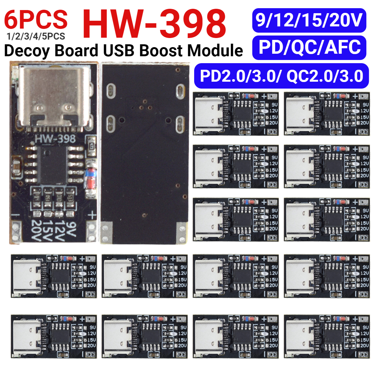 1-6pcs PD/QC/UHF papan umpan tipe-c modul penguat USB 9V 12V 15V 20V papan pemicu protokol tegangan pengisian daya PPS/QC4 + QC3.0/2.0
