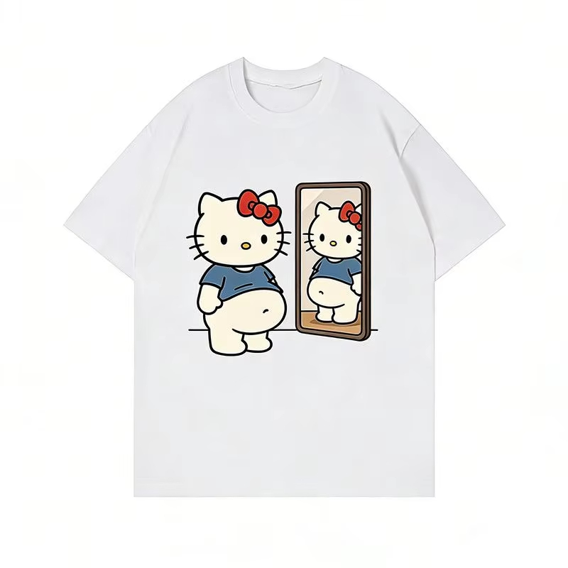 Kaus Ukuran Besar Gambar Cermin Hello Kitty Kawaii Musim Panas 2026 Atasan Kaus Lengan Pendek Kasual Harajuku Pakaian Jalanan Y2K Wanita Anak-anak