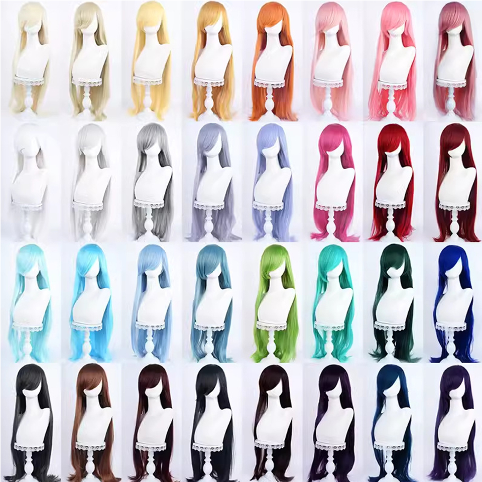 AOSI Wig Sintetis Rambut Cosplay Lurus Panjang 100Cm Wig Anime Tahan Panas Wanita Hitam Putih Merah Merah Muda Coklat Emas Biru