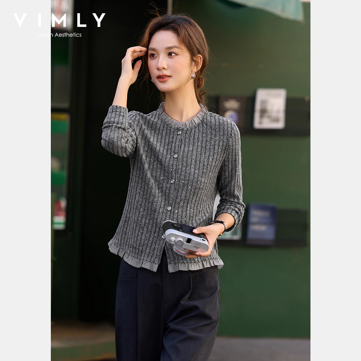 Cárdigan Gris Estilo Coreano para Mujer VIMLY, Primavera-Otoño 2026, Top de Punto con Lentejuelas y Manga Larga, Ropa de Punto Femenina A3606