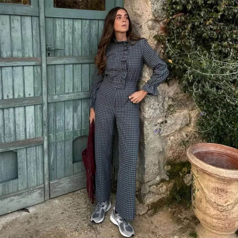 PB & ZA 2024 primavera nueva moda mujer temperamento casual versátil manga de burbuja mono largo a cuadros