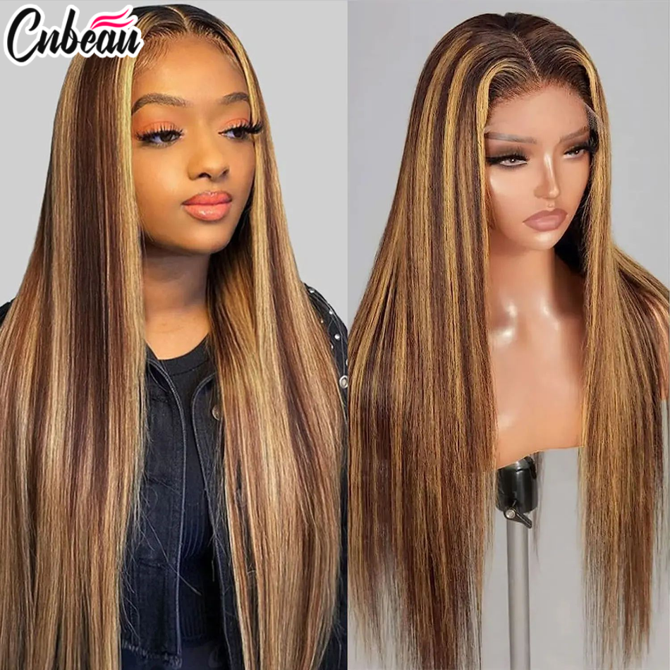 Highligh 13x4 Hd parrucca frontale in pizzo dritto per donne nere capelli umani lisci Ombre P4/27 pianoforte evidenziare colore Pre pizzicato