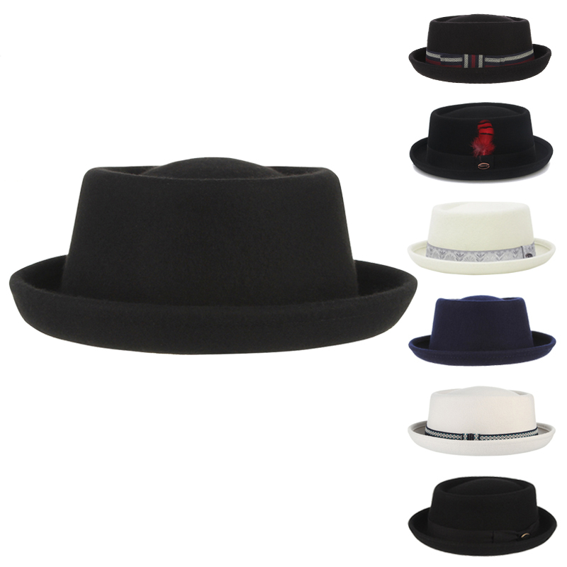 GEMVIE 100% Wełna Męski Kapelusz Pork Pie Dla Taty Uniex Biały Czarny Top Hat Lady Gentleman Flat Bowler Porkpie Fedora Dla Kobiet