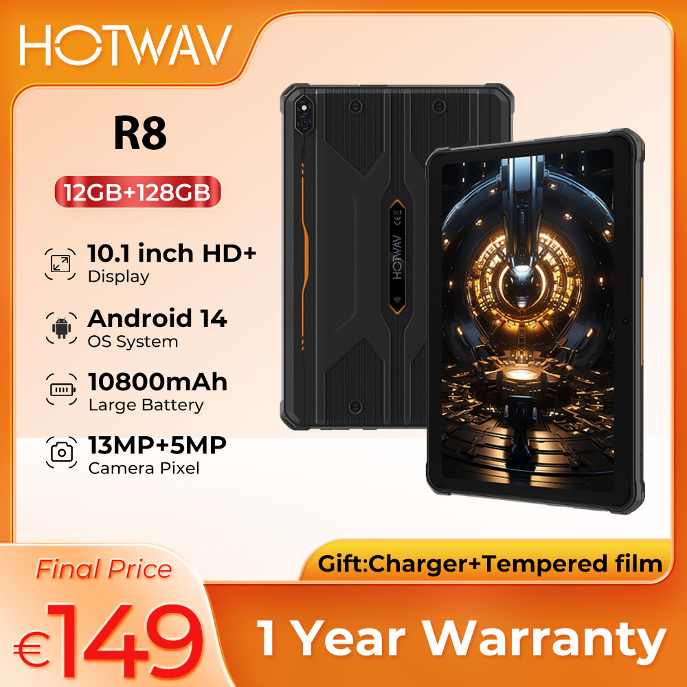New HOTWAV R8 Rugged Tablets Android 14 10.1'' HD+10800mAh IPad 5MP+13MP Camera 12(4+8)GB+128GB Charging OTG Reverse Tablet PC