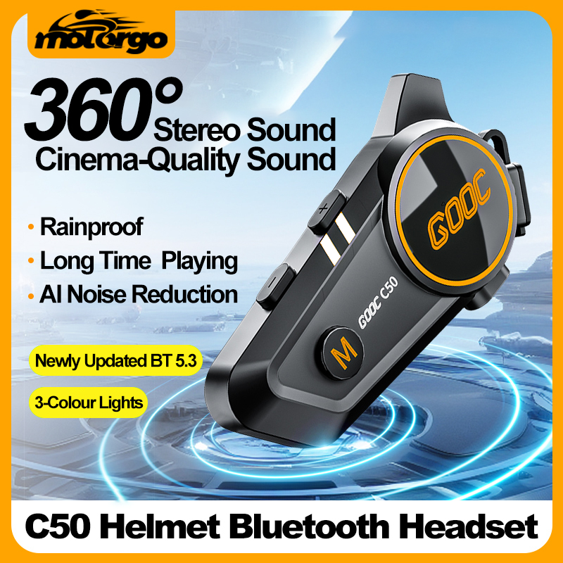 C50 Motorcycle Bluetooth Helmet Headset V5.3 Tri-Colorful Lights Earphone IPX6 Waterproof Support Connecting 2 Phones Same Time