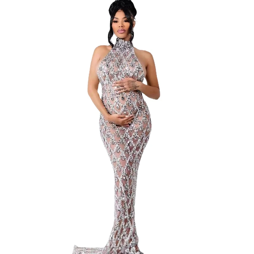 Robe de soirée en maille Sexy, robe de bal de mariage, d'anniversaire, vêtements de photographie, paillettes argentées scintillantes, strass, sans manches