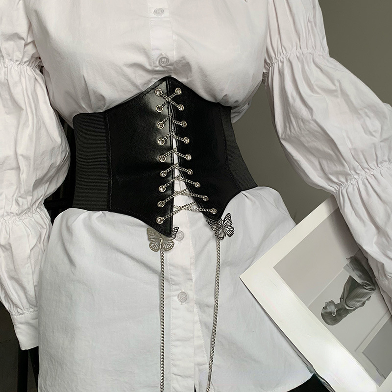Faja ancha de cuero sintético para mujer, corsé Sexy con cadena de mariposa, faja adelgazante para el cuerpo, cinturones elásticos para la cintura, Cinto Ceinture Fajas