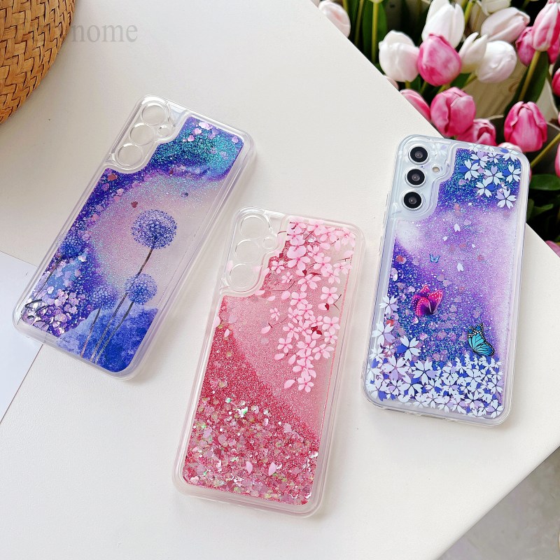 Custodia Liquida Glitterata Rosa con Fiori e Farfalle Effetto Sabbia Mobile per Samsung Galaxy A17 A16 A56 A35 A55 A15 A25 A54 A34 A36