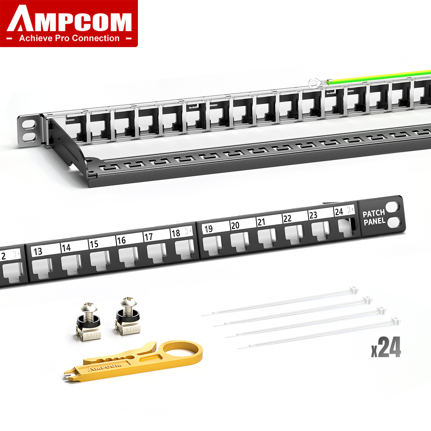 AMPCOM Panel Patch Keystone kosong 0,5 u, 24 port 19 inci rak atau dudukan dinding dengan Panel manajemen kabel belakang untuk kabel Ethernet