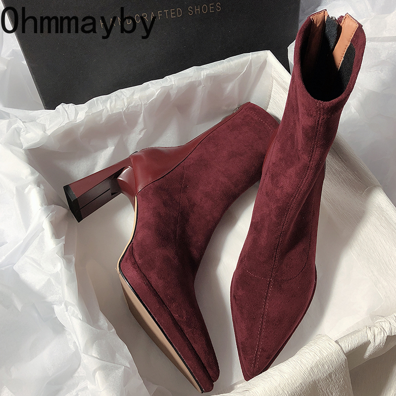 Vierkante Hoge Hak Vrouwen Enkellaarsjes Mode Ritsen Schoenen Retro Stijl Herfst Winter Puntschoen Dames Dansfeest Prom Schoenen