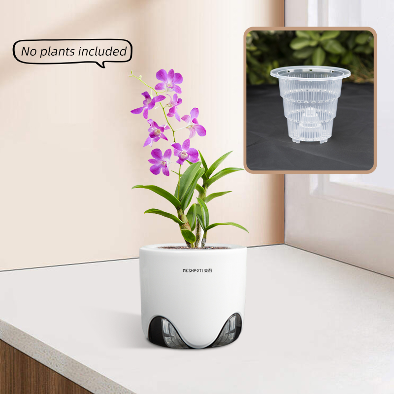 Macetas de orquídeas de 10cm con agujeros para repottar, macetero de orquídeas de cerámica de imitación de plástico de doble capa, maceta de orquídeas transparente decorativa