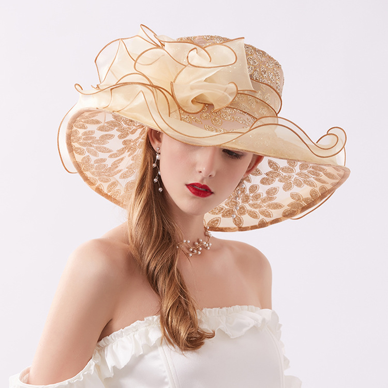 Neue Sommer Frauen Organza Kentucky Derby breite Krempe Reise Sonne Hüte elegante Blumen Damen Hochzeit Kirche Party Fedoras Hut