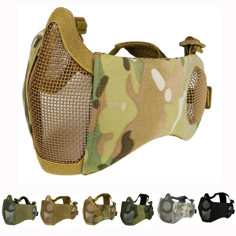 Máscara Tática de Malha de Aço Metálico para Caça, Máscara Protetora de Camuflagem com Proteção para Orelhas e Meia Face