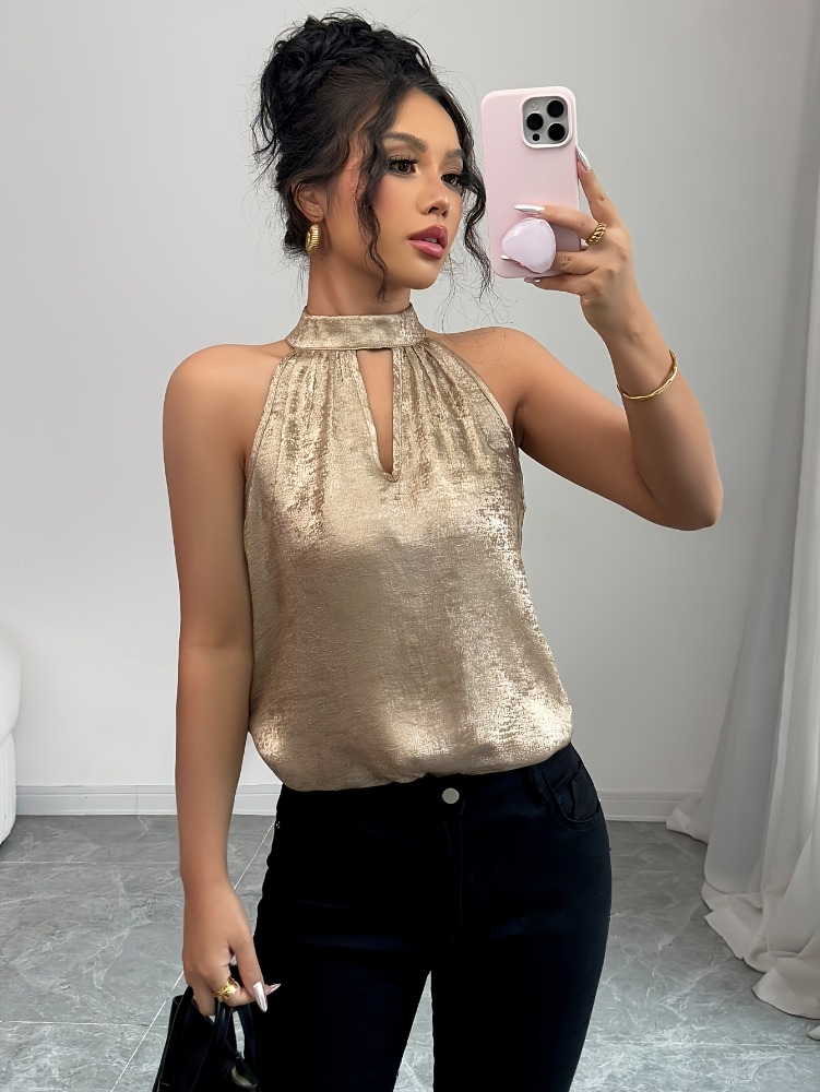 Champagne gouden glanzende glanzende halternek off-shoulder uitgeholde mouwloze blouse dames sexy elegante lente zomer top