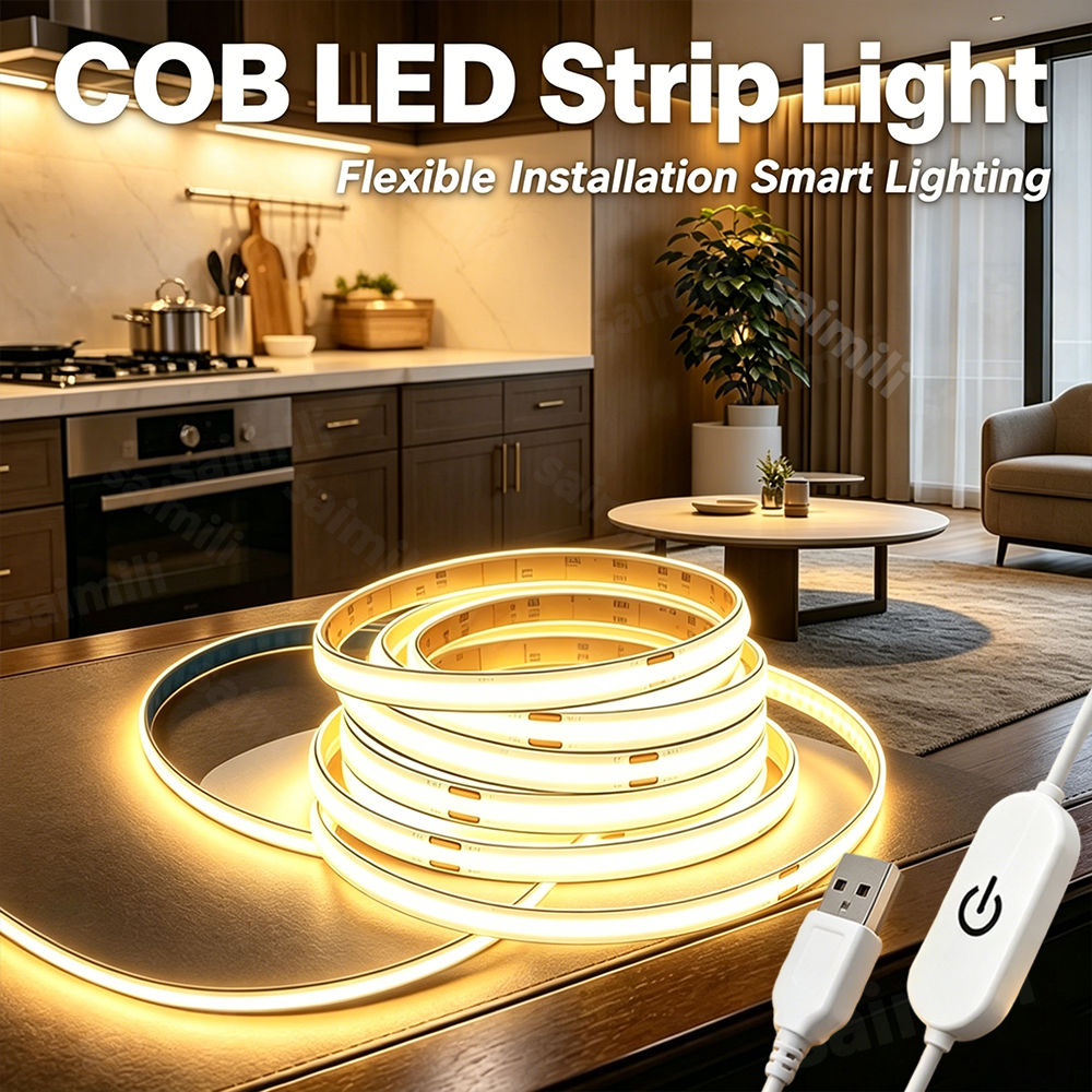 COB LED Lights Touch Dimmer Flexible Diode Tape COB Lights Strip 5V USB Powered for Cabinets TV Backlight Room Decor