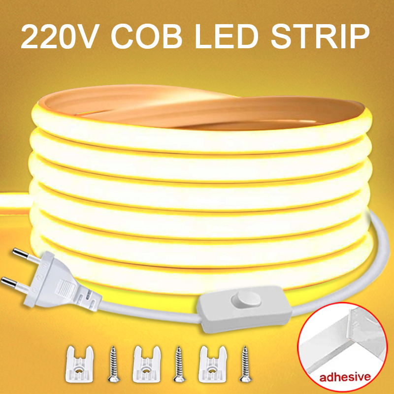 Tira de luces Led de 220V con interruptor de encendido/apagado tira de LED COB impermeable cinta Flexible de 220V para habitación dormitorio cocina iluminación de jardín al aire libre