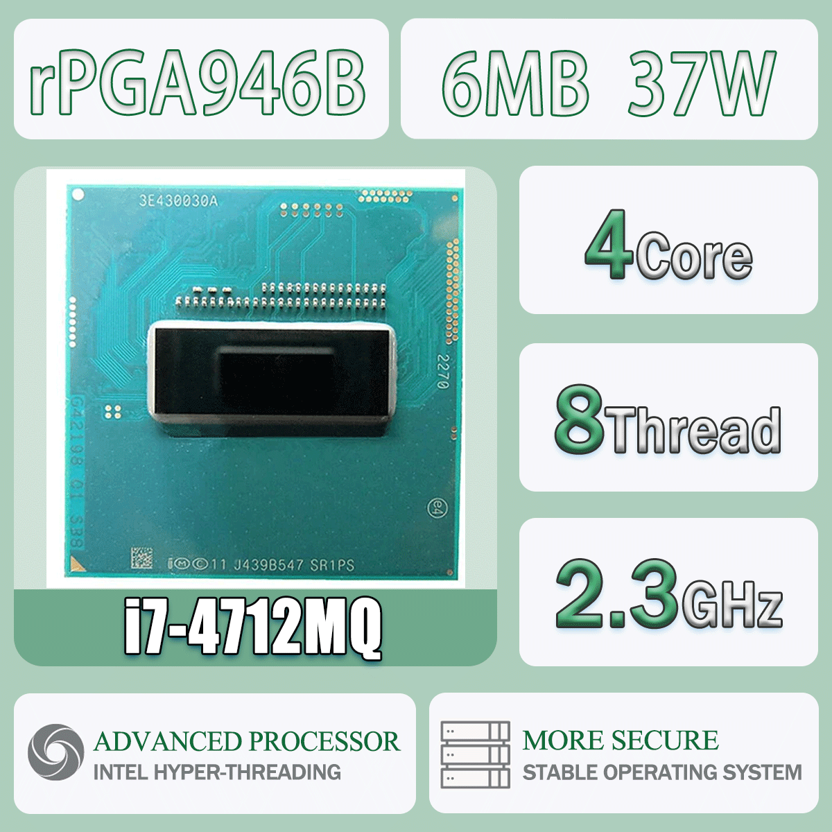 Procesor Intel Core I7-4712MQ 2.3GHz 4 rdzenie 8 wątków 6M 37W I7 4712MQ CPU do komputera serwerowego Socket G3 / RPGA946B