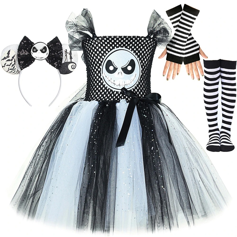 Mimpi Buruk Sebelum Natal Jack Kostum untuk Anak Perempuan Halloween Skeleton Fancy Tutu Dress untuk Anak-anak Hitam Putih Hantu Pakaian Menakutkan