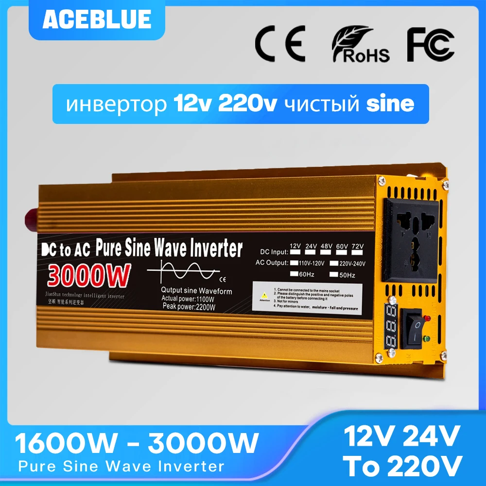Inversor de onda sinusoidal pura para coche, convertidor de voltaje portátil de CC a CA, 12V, 220V, 24V, 110V, 1600W, 2200W, 3000W