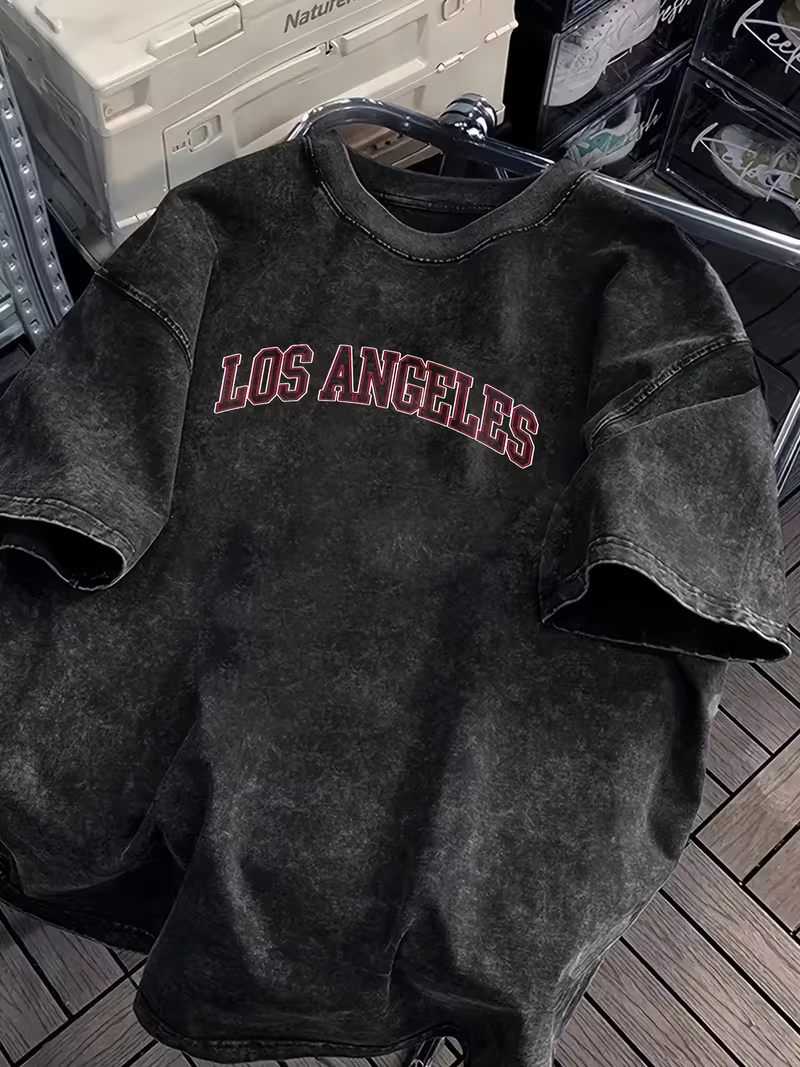 เสื้อยืดลายกราฟิกตัวอักษร Los Angeles แบบวินเทจ ลุคเรโทร สไตล์อเมริกัน ลำลอง สีดำ คอกลม แขนสั้น ยูนิเซ็กส์