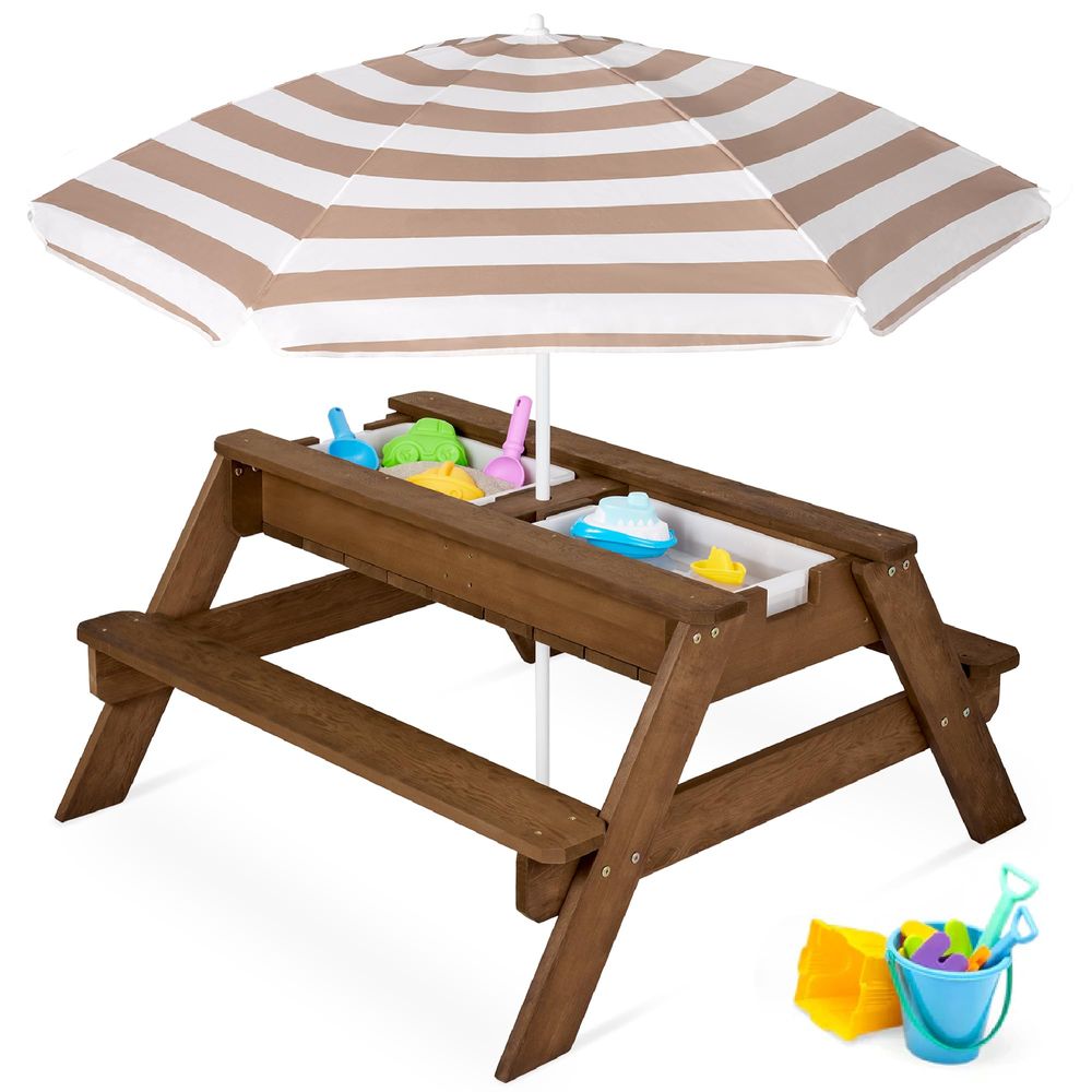 Kids 3in1 Sand amp Water Table, Wood Outdoor Convertible Picnic Table w Umbrella, 2 Trays, Removable Top Walnut Beige