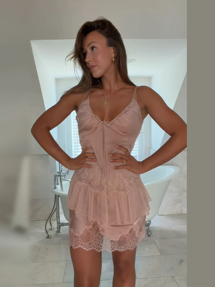 Dames Chiffon Kanten Lingerie Set Sexy Diep V-hals Spaghettiband Mini Jurk Met Kant Shorts Zomer Date Geruite Nachtkleding Slaapkledij