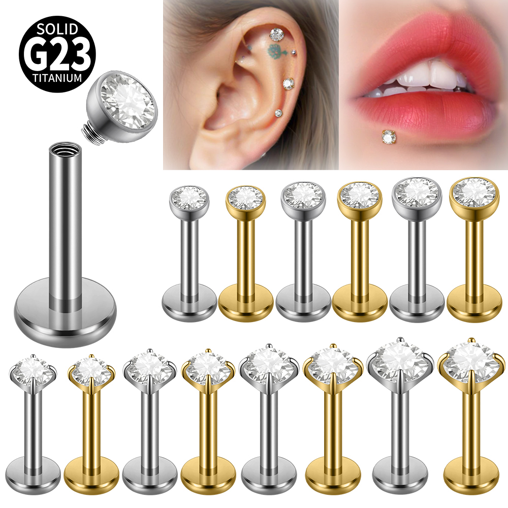 Lote de 10 unidades de Joyería Corporal de Titanio G23 con Zirconia: Piercings Labret, Anillos para Labios, Pendientes para Oreja, para Tragus, Cartílago, Hélix, Concha y Lóbulo, 16g