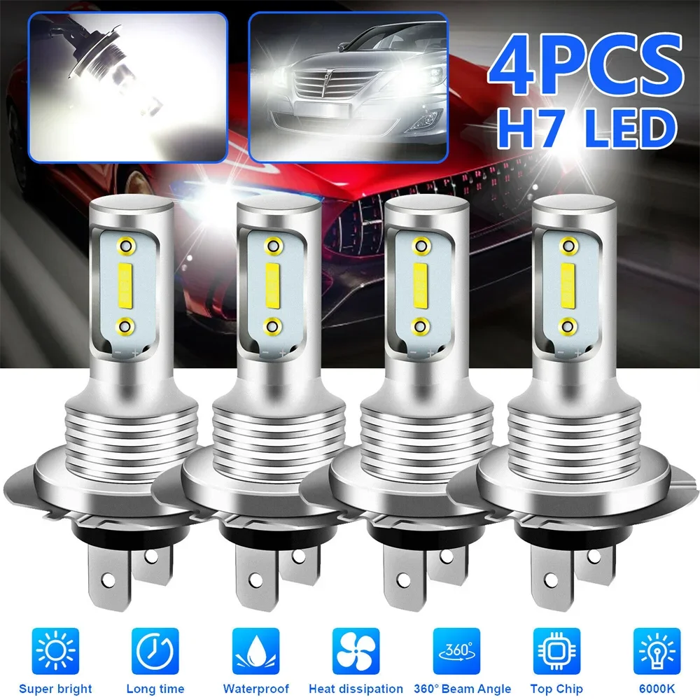 4 PCS H7 LED Żarówki reflektorów świateł drogowych 6000K Super White Lights Samochodowe światła przeciwmgielne Auto DRL H4 H8 H8 H11 Cob Chips 12V 24V 80W
