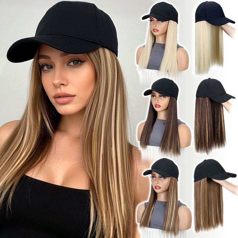 Peluca de sombrero sintética con pelo largo y liso negro, gorra de béisbol, extensión de cabello, diseño todo en uno elegante y práctico para mujeres