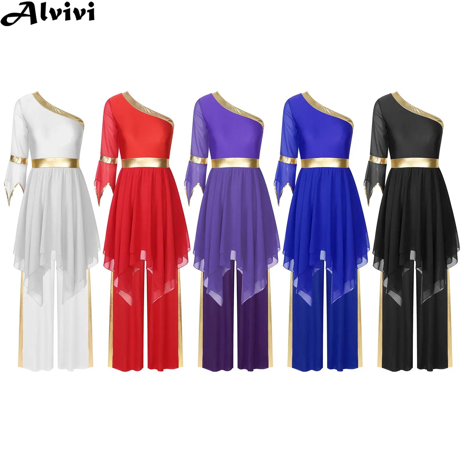 Traje de adoración de coro de iglesia litúrgica para mujer, traje de baile lírico de alabanza, vestido de manga acampanada con un hombro y pantalones de pierna ancha
