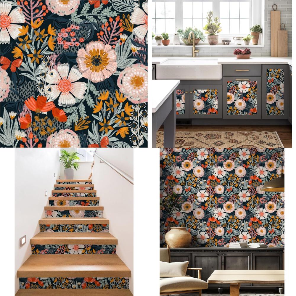 Removable Bohemian Floral Wallpaper for Bedroom - Navy Pink Orange Peel and Stick Decorative Contact Paper 17.3in x 32.8ft