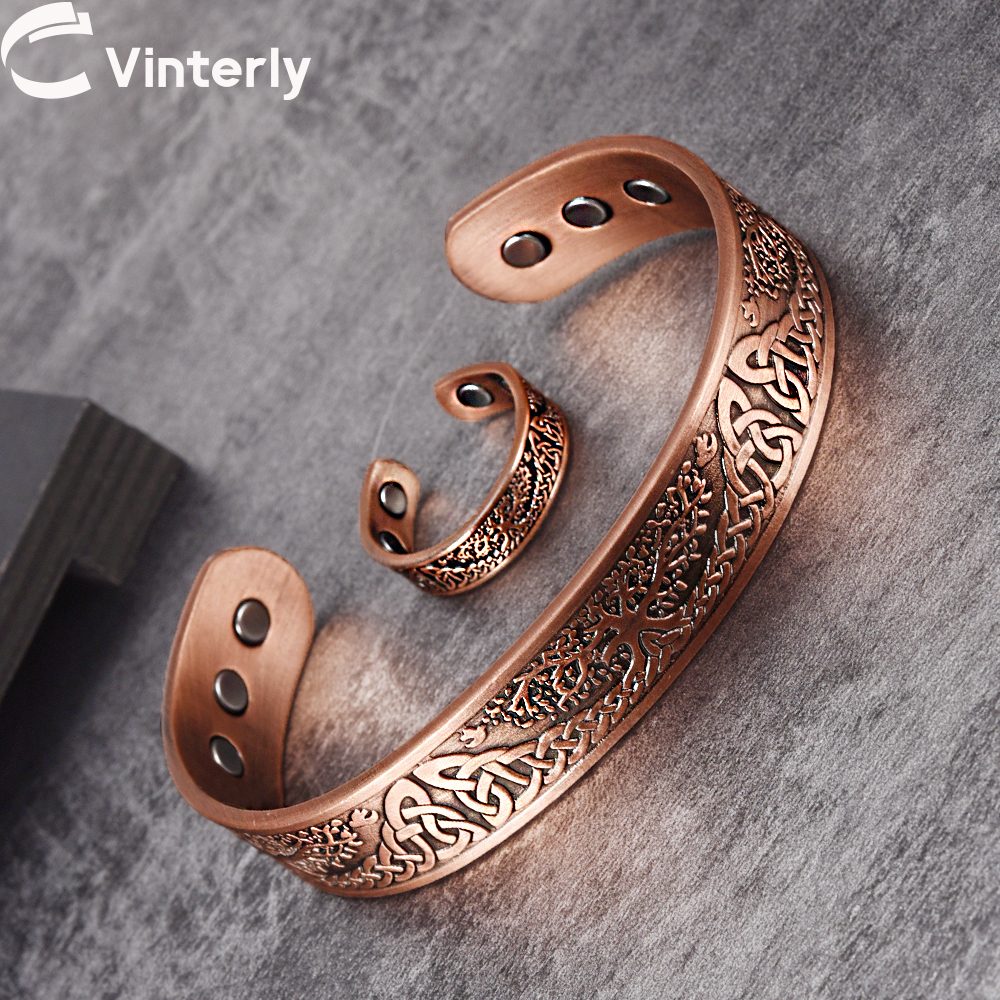 Set di gioielli magnetici in rame puro Yggdrasil Bracciale vintage regolabile Anello ridimensionabile Set di gioielli vichinghi per donna uomo