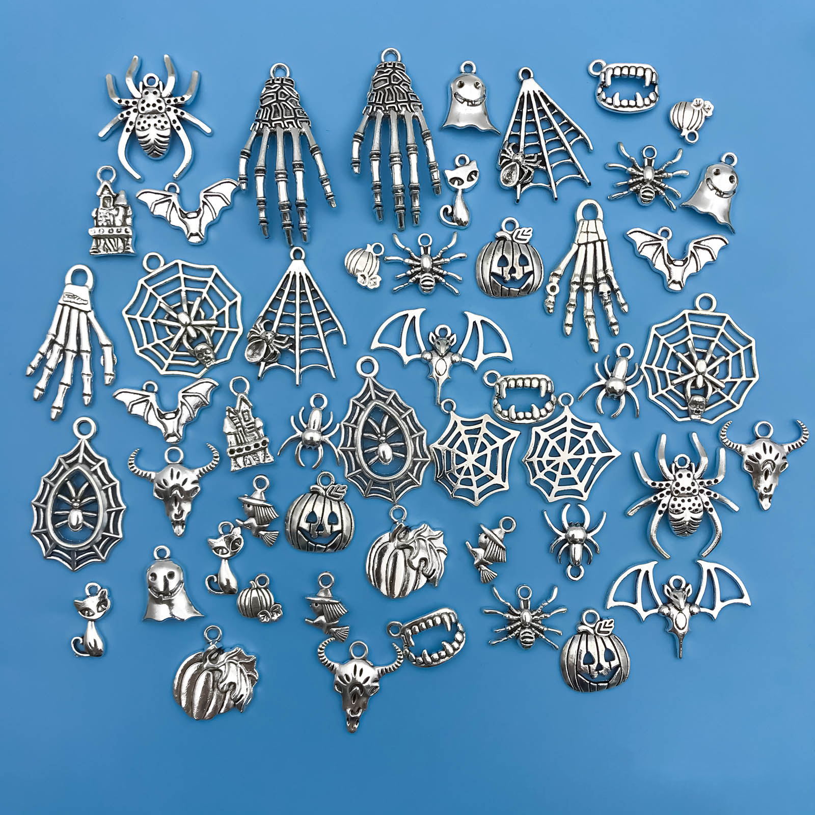 50 pièces/ensemble en alliage de Zinc argenté Halloween série breloques pendentifs pour collier à faire soi-même Bracelet boucles d'oreilles fabrication de bijoux à la main