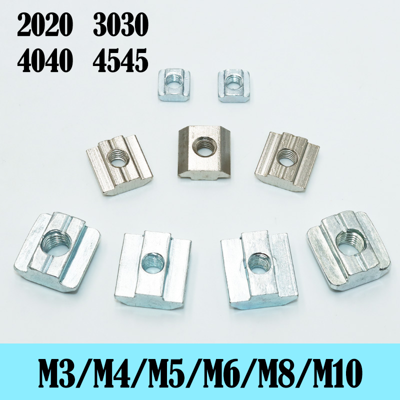 100 шт./лот Т-образные гайки M3 M4 M5 M6 M8 для профилей 2020 3030 4040 4545, алюминиевых конструкций и 3D-принтеров