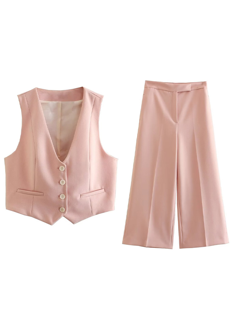 Willshela Women Fashion Two Piece Set Pink Tank Tops & Straight Leg Pants Vintage V-Neck Single Breasted Female Chic Pants Suit
