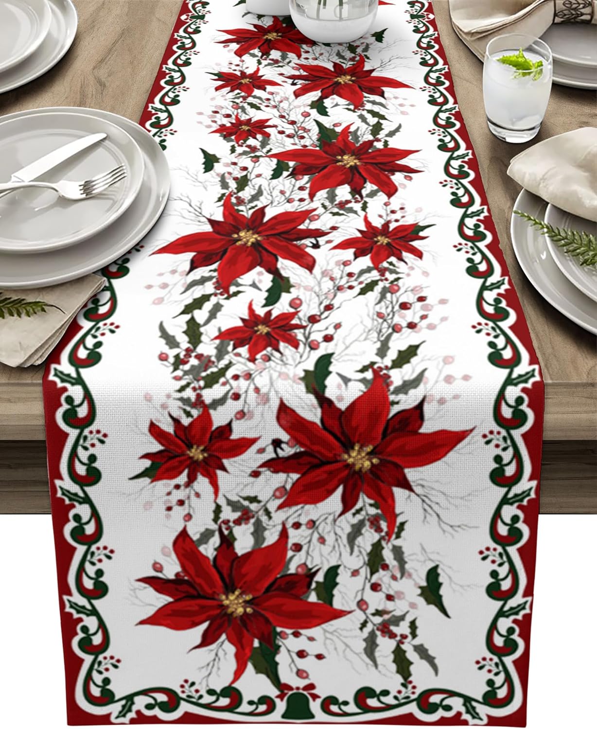Camino de mesa de lino con diseño de flor de Pascua navideña, bufandas de tocador, camino de mesa de cocina de Navidad para invierno, decoraciones navideñas 2025