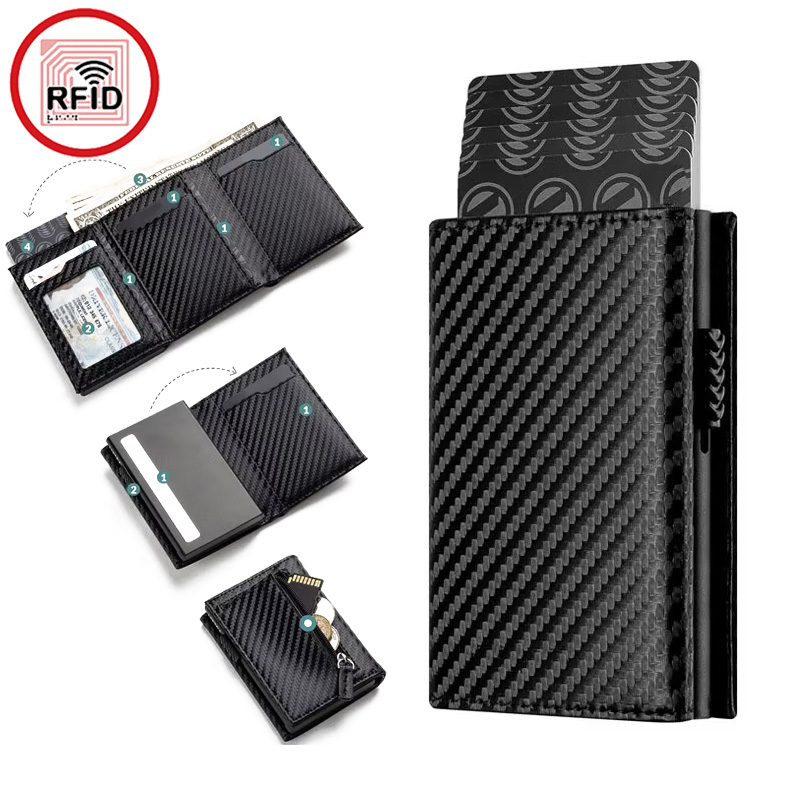 Porte-cartes automatique anti-RFID avec compartiments pour pièces de monnaie, portefeuille homme en fibre de carbone et aluminium, portefeuille fin pour argent