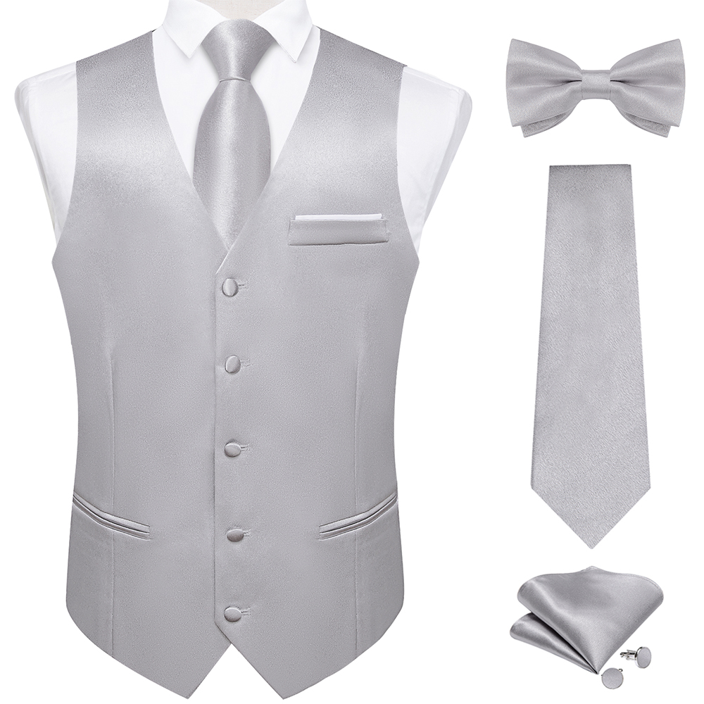 Elegant Grey Solid Suit Vest with Pocket Satin Waistcoat Necktie Bow Tie Handkerchief Cufflinks for Tuxedo Wedding Prom