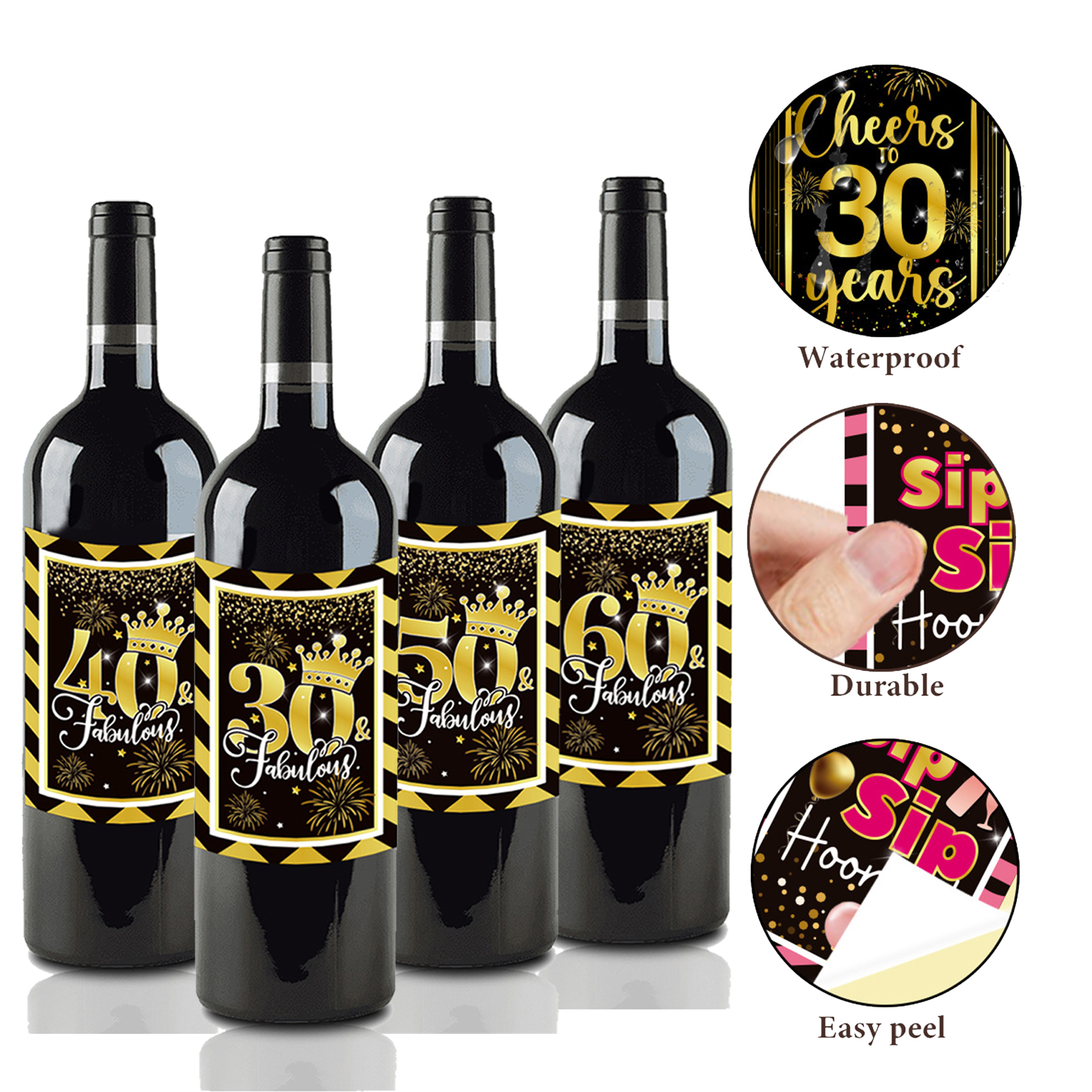 Weinflaschen-Etikettenaufkleber zum 30. 40. 50. 60. Geburtstag, Geschenk für Männer und Frauen, DIY-Zubehör, alles Gute zum Geburtstag, Partydekorationen
