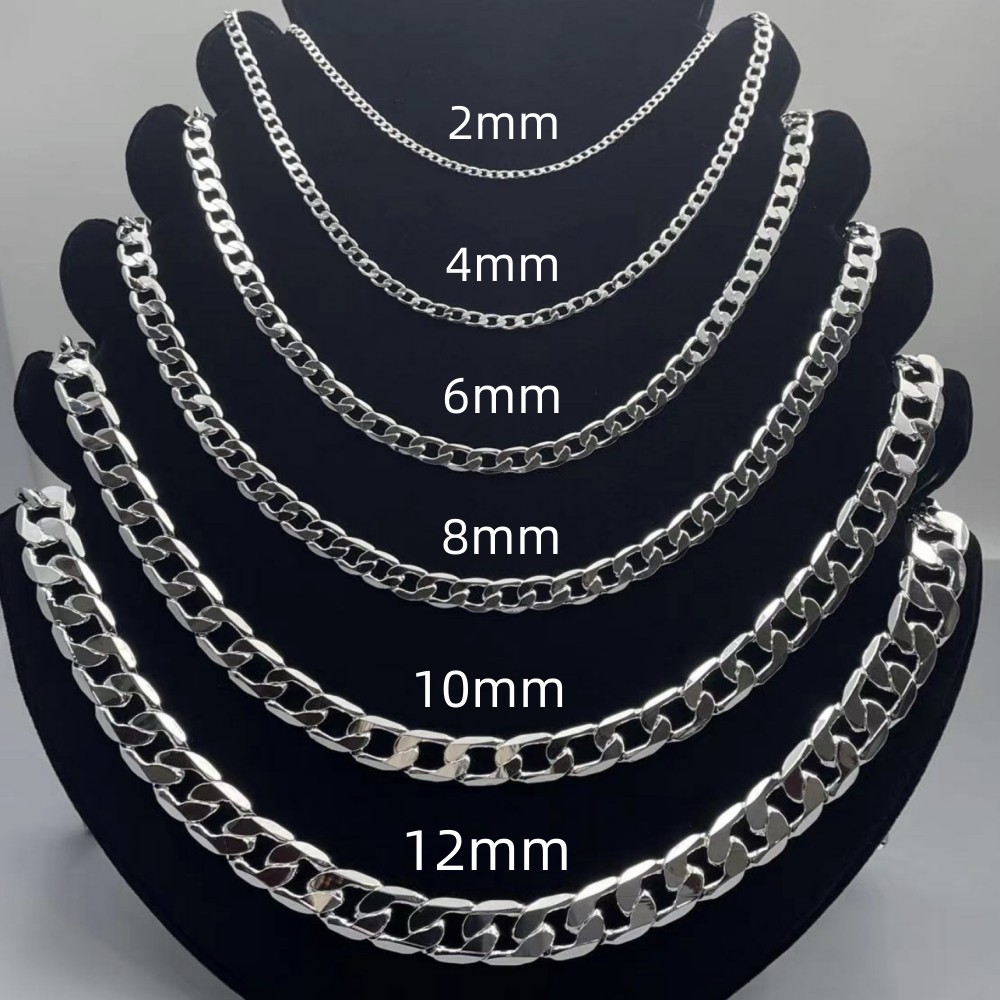 남자 실버 컬러 목걸이 2/4/6/8/10/12MM 40-75cm 페이스 체인 목걸이 랍스터 걸쇠 남자 여자 약혼 보석 선물