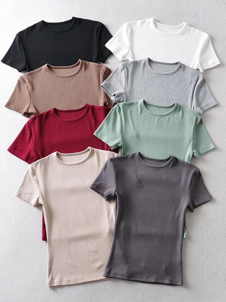 ฤดูร้อนสบายๆผู้หญิง Skinny Fit เสื้อยืดแขนสั้น O-คอ Tee Basic Crop Tops T เสื้อ
