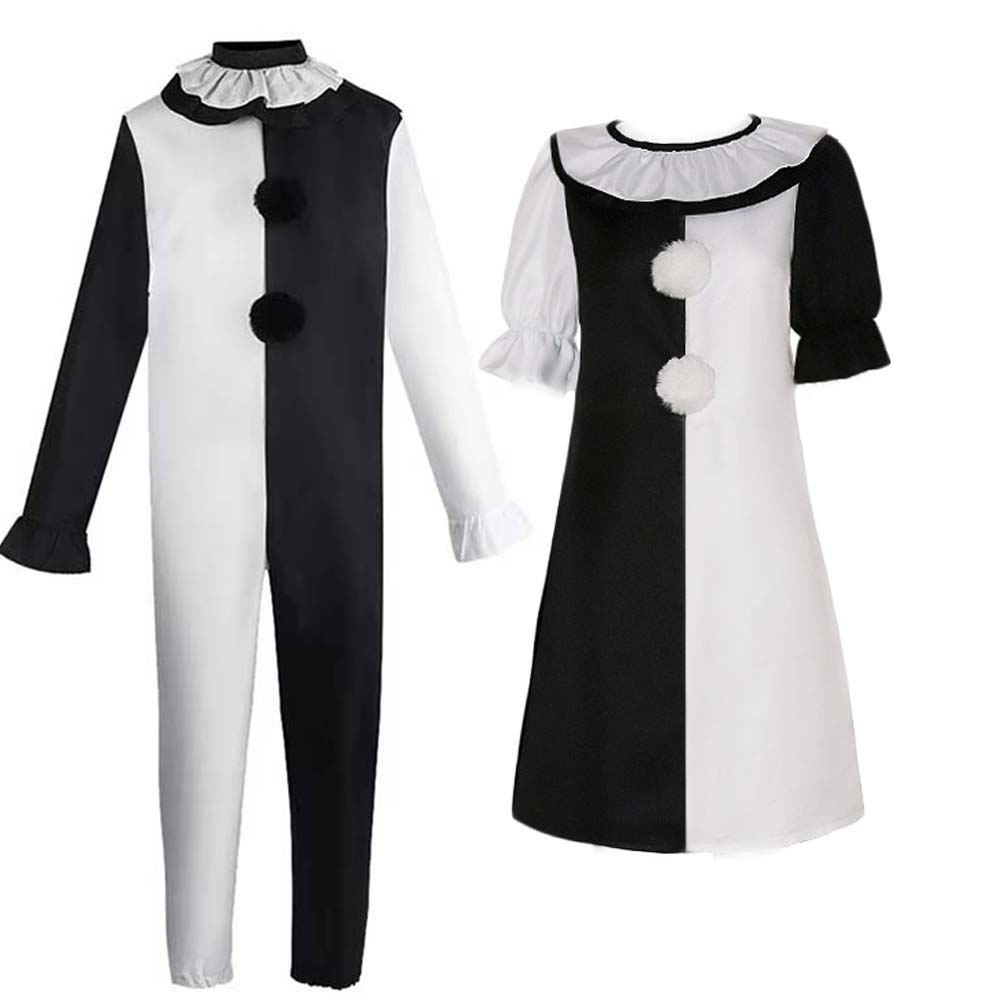 Terrifierr cosplay traje feminino/masculino horror carnaval festa pele-apertado preto branco assassino palhaços macacão para traje de halloween