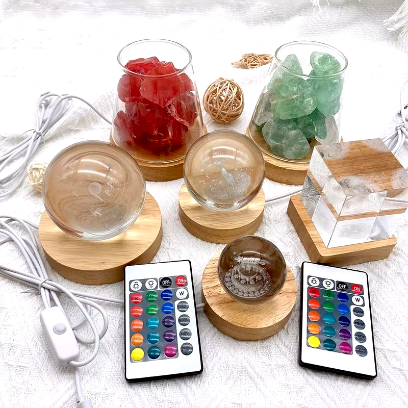 Runde 5/6/8CM LED Holz Leuchtende Lampe Halter DIY Nacht Lampe Stand Basis Kristall Ball glas Harz Kunst Dekoration Basis 1,5 M USB