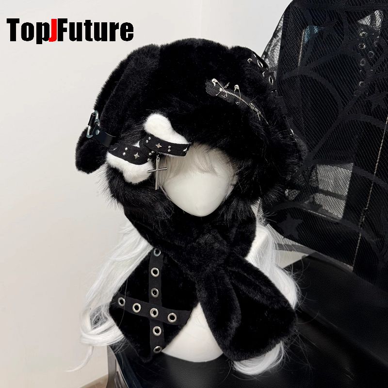 Women Harajuku Y2K Girls Hat Gothic Lolita Bunny ear Winter Warm  Stempunk Furry Bone Hat Keep Warm Scarf Scarves Beanie Hat