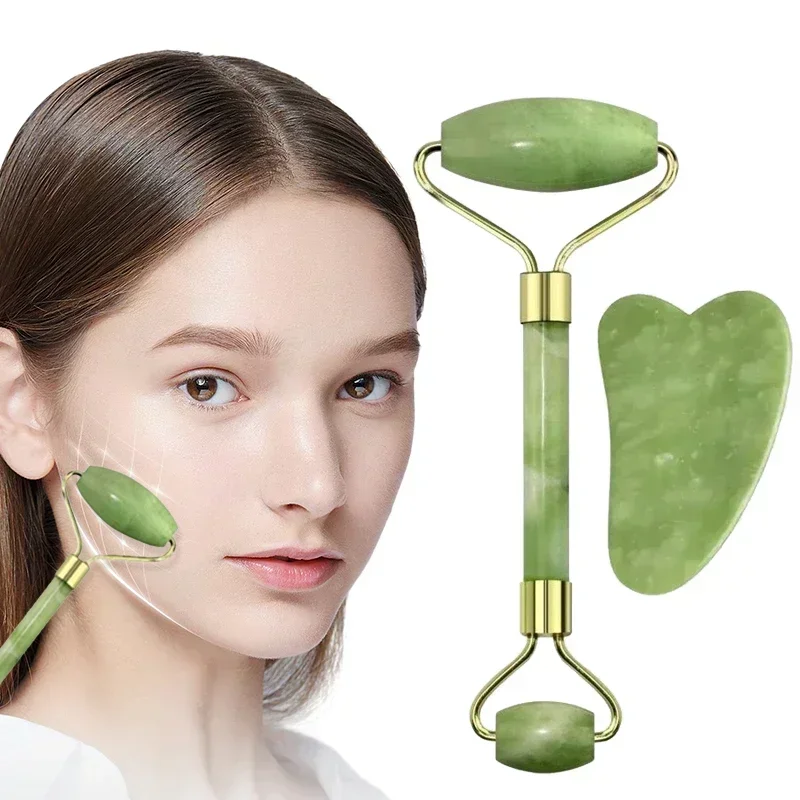 2-teiliges Set aus Doppelkopf-Gesichtsrollen und Gua Sha – herzförmiger Schaber, tragbares Körpermassagegerät, Gesichtsrollen-Set