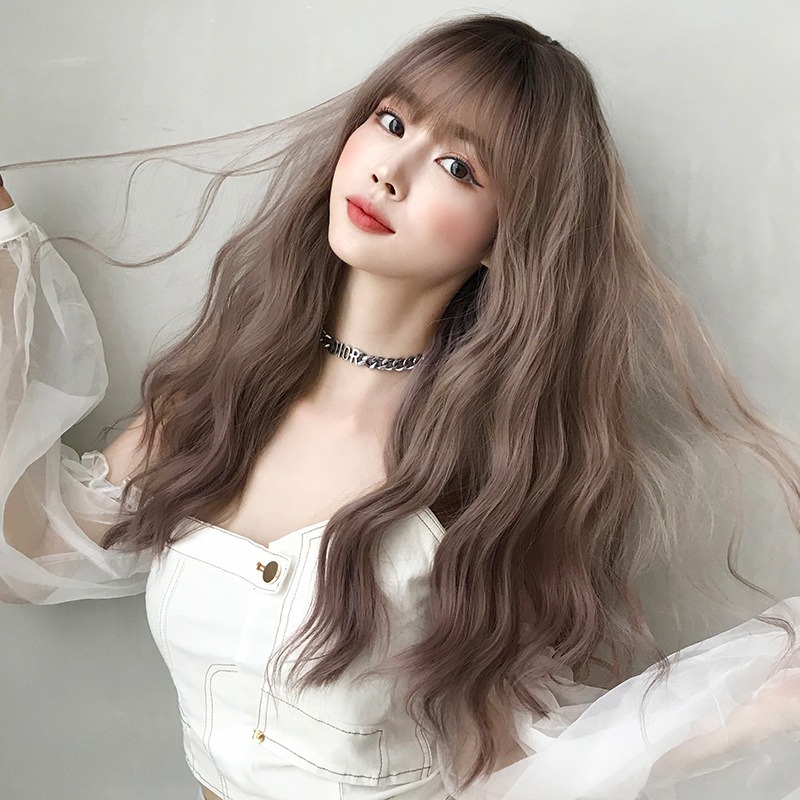Pelucas sintéticas rizadas de corte largo con flequillo para mujeres blancas, marrón claro, marrón oscuro, cabello resistente para Cosplay, fiesta diaria coreana